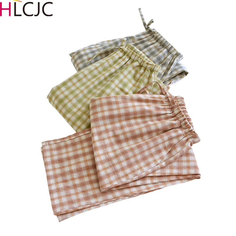 

Spring and Summer Couple Pajamas Casual Fitting Home Pants Can be Worn Out For Men and Women's Plaid Washed Cotton Sleep Bottoms