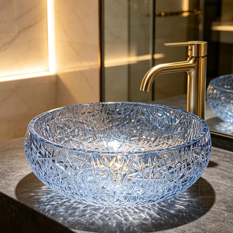 Aqua Blue Glass Countertop Basin, with a Simple and Elegant Circular Design, the Light Passes through the Basin Body, Reflecting Dynamic Light and Shadow, Creating a Rich Atmosphere. the Three-Dimensional Ice Crack Design Adds More Layers of Light and Shadow, Making It an Ideal Choice for Modern Bathroom Fixtures, Suitable for Dressing Rooms, Vanity Tables, and Home Bathroom Sinks, and Can Be Matched with Various Decor Styles (Accessories Not Included)