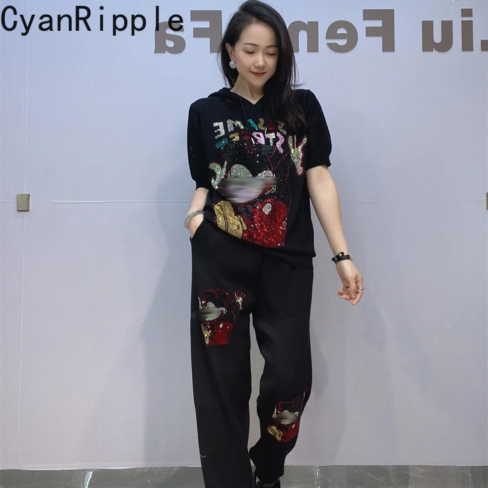 

New Spring Summer Women Two-piece Sets Mickey Hot Drilling Hooded Short Sleeve Pullover Top + Elastic Waist Casual Harem Pants