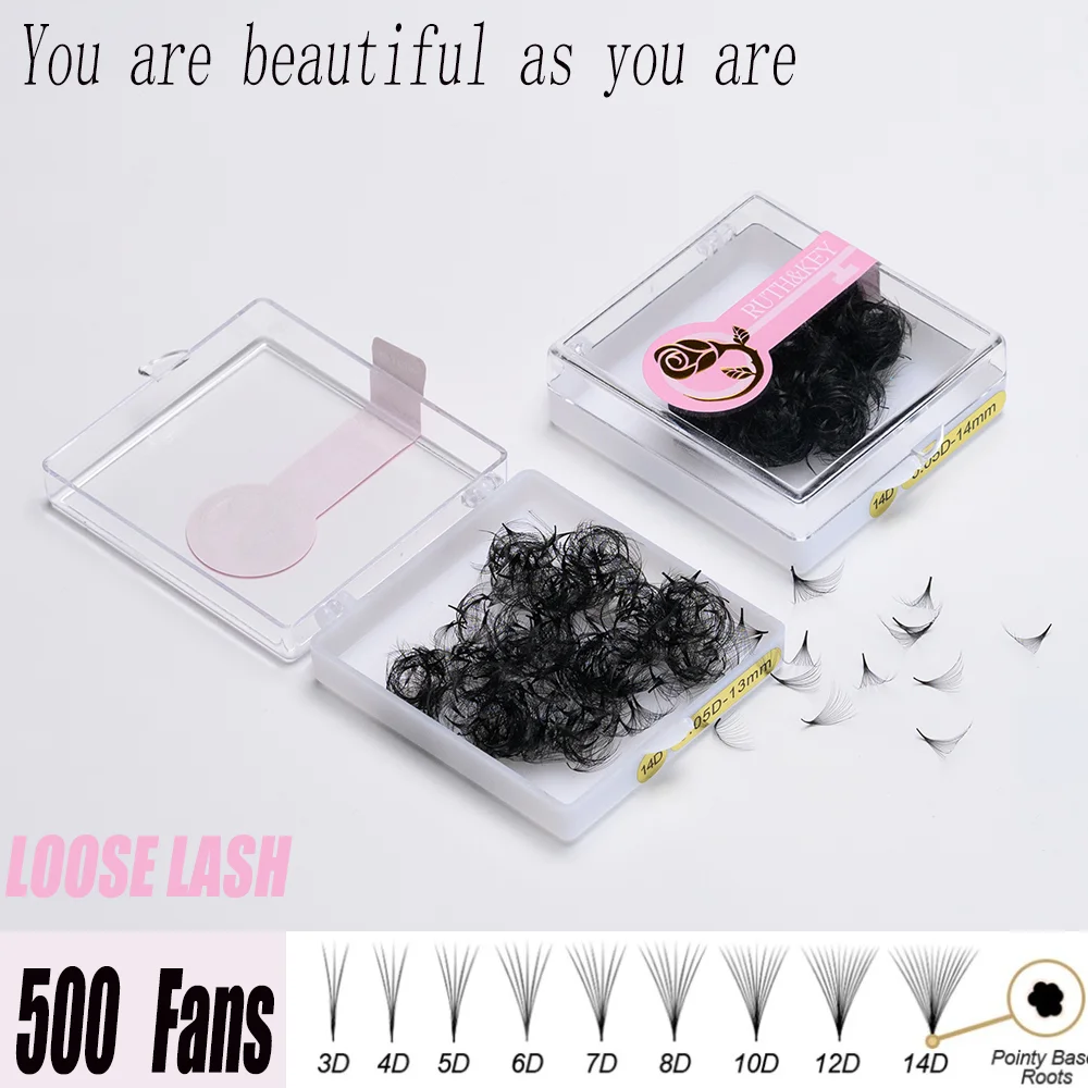 Ruthkey 500 Fans Promade Pointy Base Loose Eyelash Extension 0.05 0.07 Premade 5D 6D 8D 10D Sharp Slim Cluster Faux Mink  Lashes