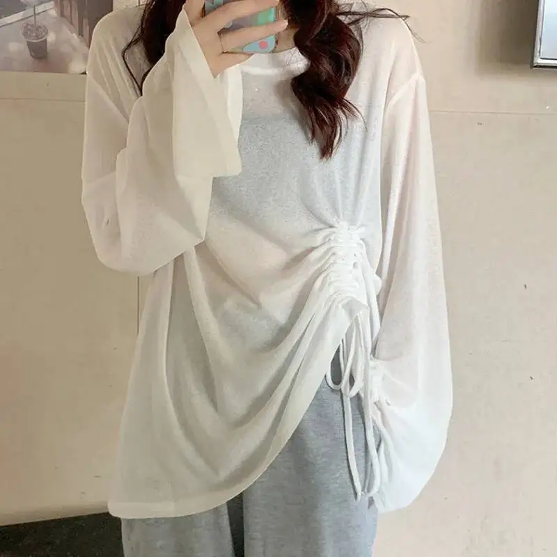 Summer Sexy Women Mesh T-Shirts See-Through Perspective Tshirt Solid O Neck Transparent Long Sleeve Draw String T Shirt Tops
