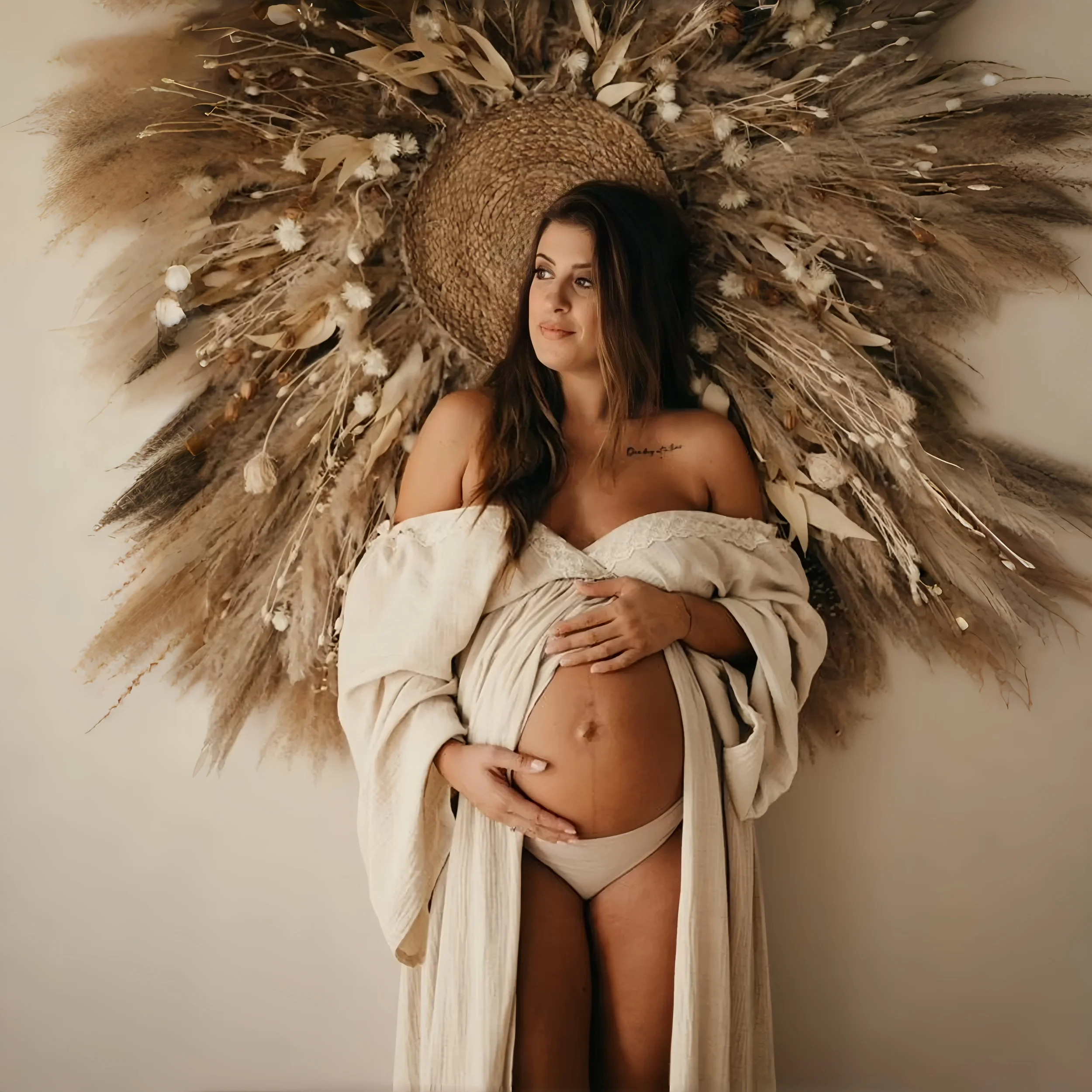 cotton-lace-boho-pregnant-woman-photo-shoot-session-wear-long-dress-maternity-photography-bohemian-maxi-dress-front-slit-style