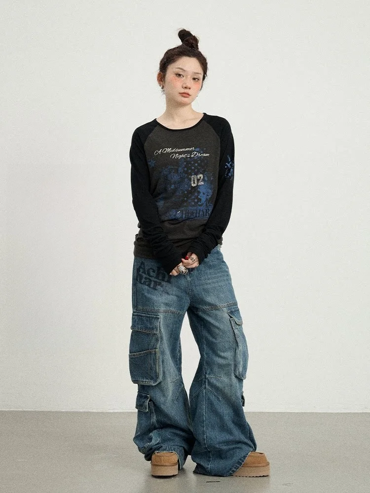 

Женская футболка Achihara Long Sve Base irt, весна-осень, новая футболка с космическим цветным воротником, круглая футболка Ne Regul...