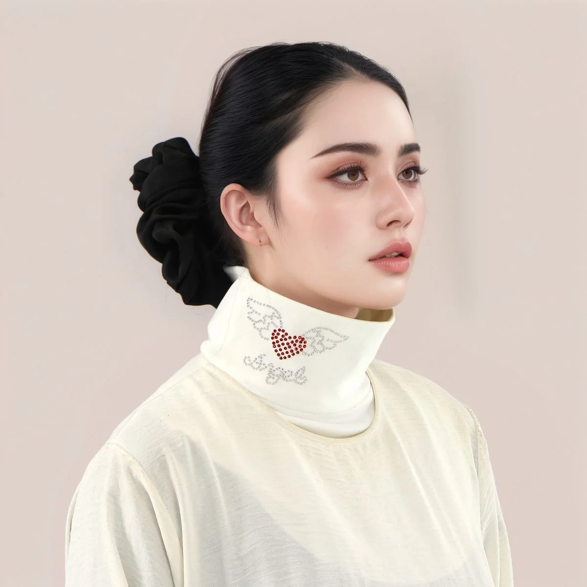 Women Autumn Winter Detachable Fake Collar with Love Rhinestone Turtleneck Windproof Neck Warmer False Collar Ideal Under Hijab