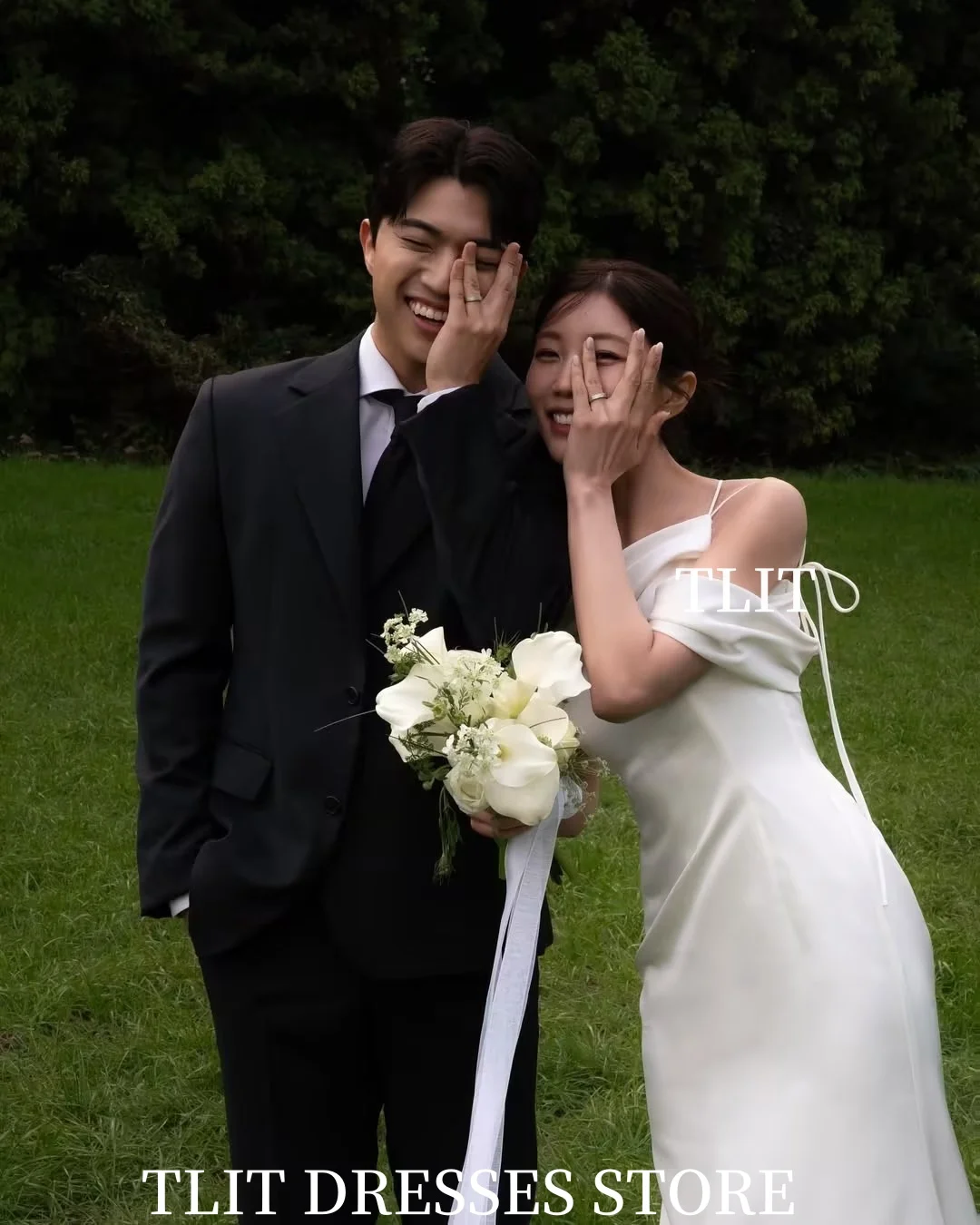 Elegancka biała suknia ślubna syrena z satyny na ramiączkach spaghetti, dekolt łódka, suknie ślubne Koreańskie sesje zdjęciowe ślubne, szyta na miarę