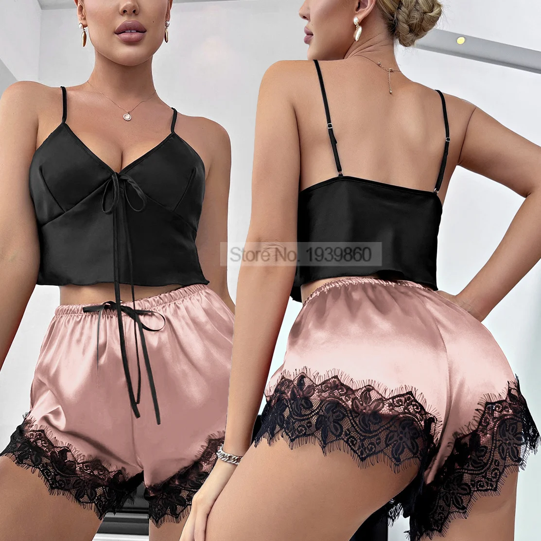 

Женский Пижамный костюм с V-образным вырезом и шортами, кружевная атласная ночная рубашка в стиле пэчворк, летняя Пижама, нижнее белье, домашняя одежда с эластичной талией