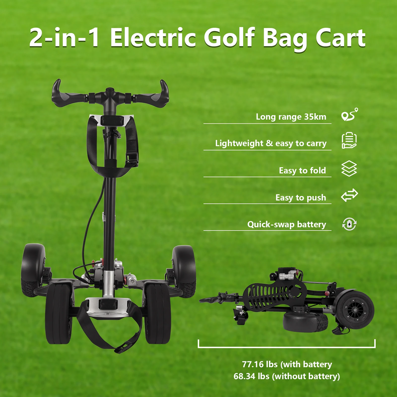 Golf Cart Folding Golf Trolley 1600W High-Power Golf Push Cart  Small Push Carts