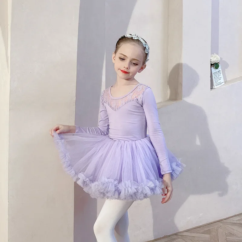 Long Sleeved Ballet Dress Girls Training Skirt Tutu Classical Dance Clothes Children\'s Examination Leotard Lace Stitching Pink