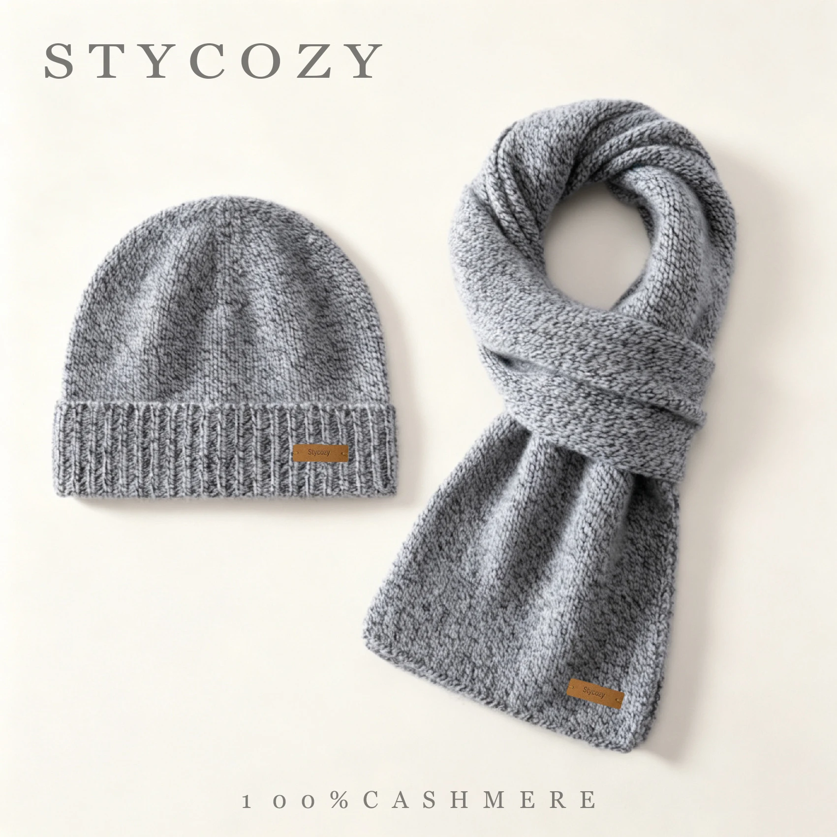 100% Cashmere Beanie&Scarf Set Unisex Matching Solid Color Thick Knit Cuffed Rib Skullie Winter Soft Warm 2 Ps Accessory Hat Set