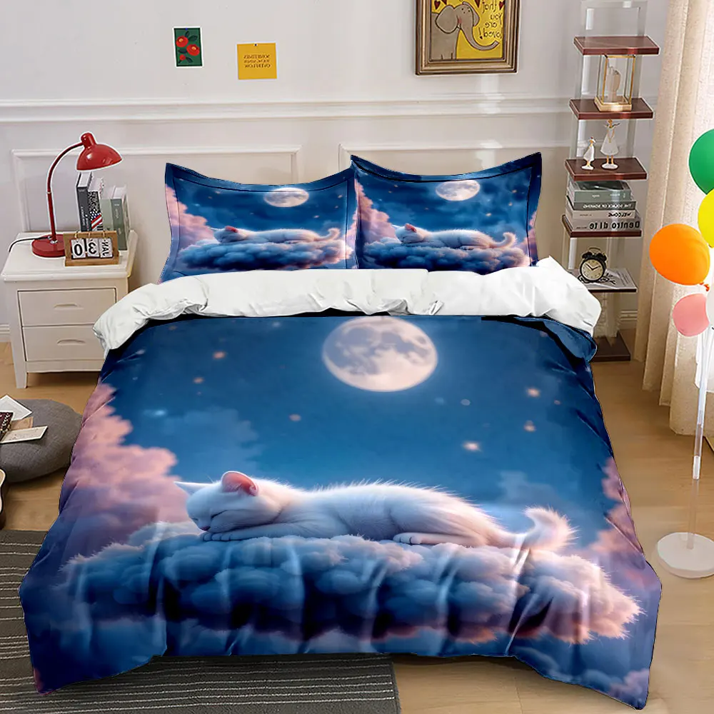 White cat sleeps on dreamy cloud Duvet Cover Set with 3D Printing Design Soft Polyester Bedding Set All-Season Comfort