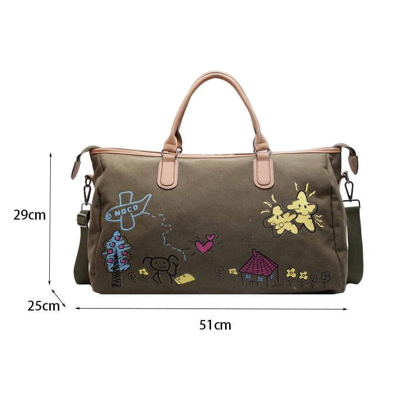 Colorful Cartoon Graffiti Pattern Women\'s Boston Travel Clothes Bags Large Capacity Shoulder Duffle Bag Canvas Crossbody Handbag