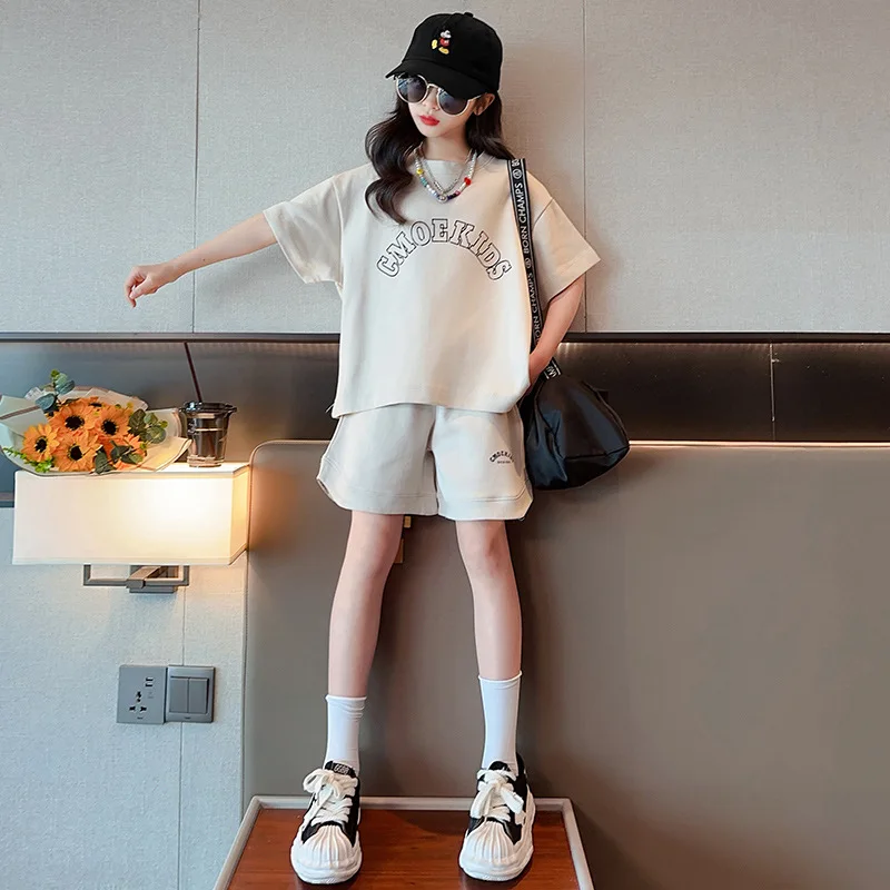 Summer Casual Girls Cotton Apricot Alphabet T-Shirt Tops+Shorts School Kids 2PCS Tracksuit Children Outfit Workout Set