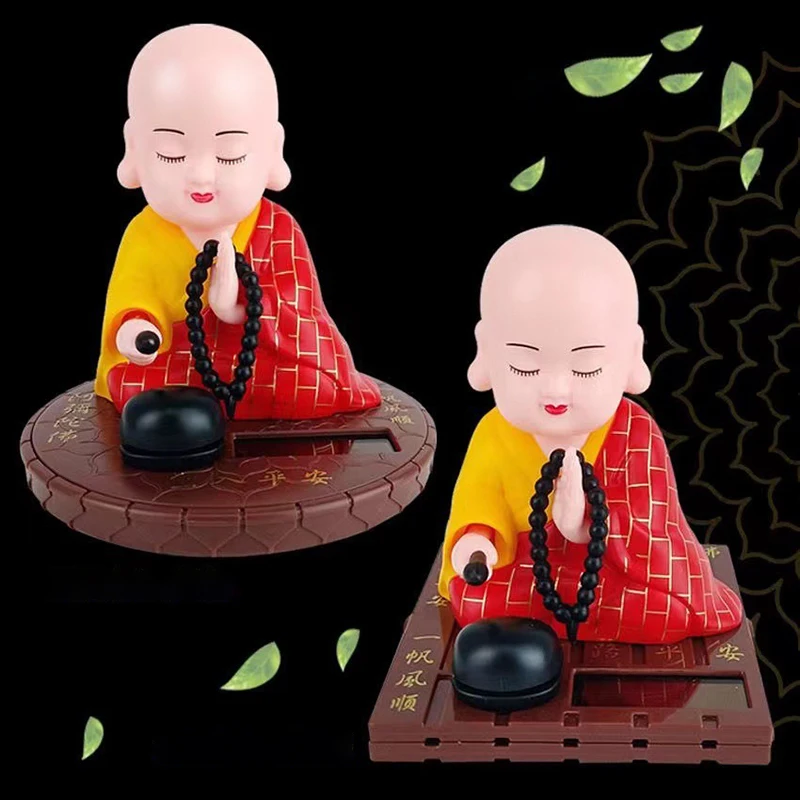 1Pcs Solar Small Monk Nodding Knocking Wooden Fish Toy Ornaments Car Centre Console Ornament Desktop Home Figurines Decorative