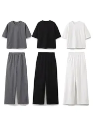 HH Women Fashion Basics Solid shirt Pant Sets Short Sleeve O Neck T-Shirts Elastic Waist Side Hem Zipper Trousers Suit