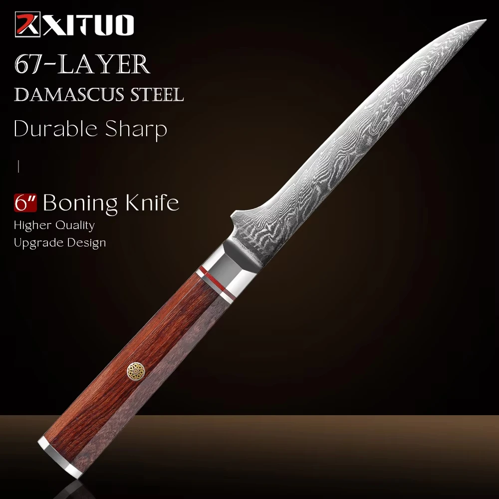 

Japanese Damascus VG10 Steel Boning Knife 6 Inch - Ultra Sharp Chef Flexible Filleting Knife, Meat Fish Paring Knife (XITUO)