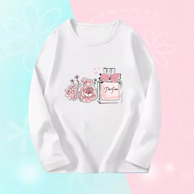 3~14 Years Cute Perfume Bottle Graphic T-shirts Girl Pink Sweet T-Shirts Girl's Long Sleeve T-Shirts Kids Autumn Tee Tops