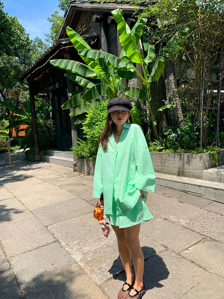 

Mint Green Long Sleeve Shirt And Wide Leg Shorts Women's Two Piece Set Autumn Fashion Ensemble Button up Cotton Linen Blend