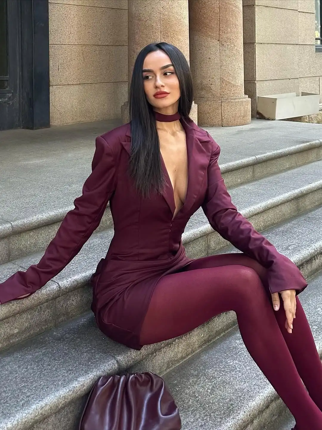 Solid Deep V-neck Blazer Dress Women Elegant Full Sleeve Lapel Waist Cinching Slim Mini Dresses 2026 New Lady Spring Daily Robes