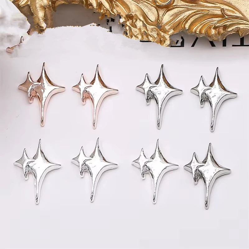 10pcs Exqusitive Nail Star Ornament Luxury Silver Rose Gold Alloy Four Star Nail Charms Flash Meatl Mancure Nail Art Decorations