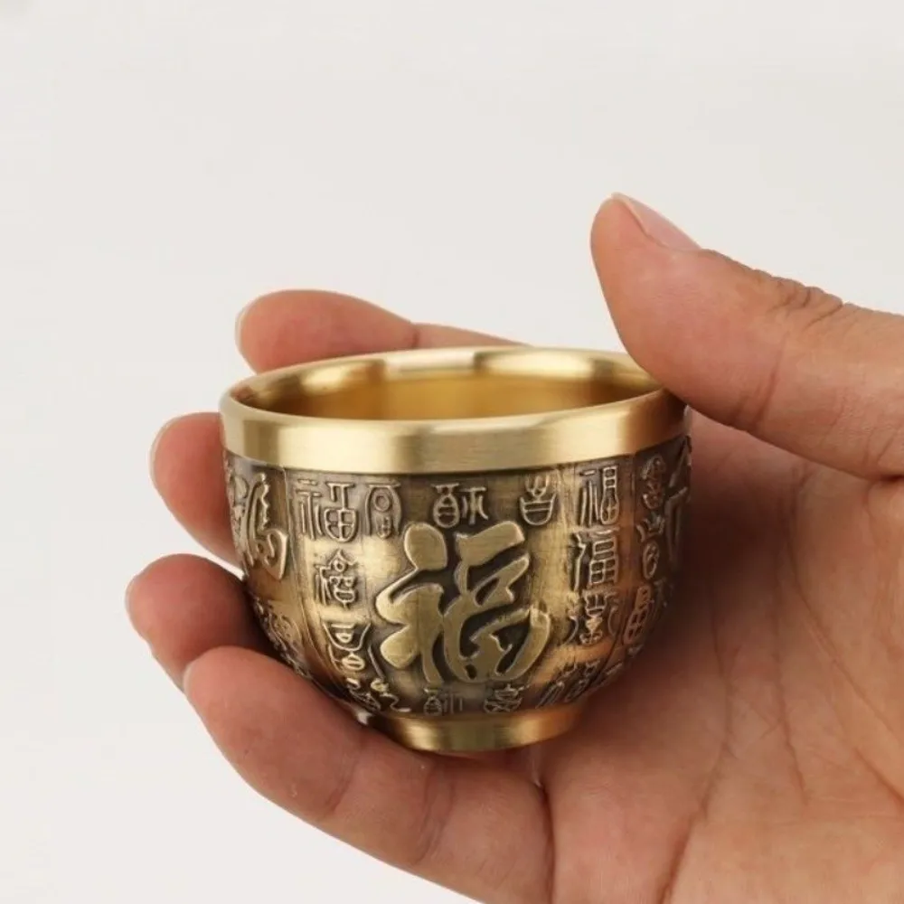 Vintage Retro Dragon Phoenix Cup Traditional Gold Hundred Blessings Cup Feng Shui Desktop Ornament Millet Cylinder Office Desk