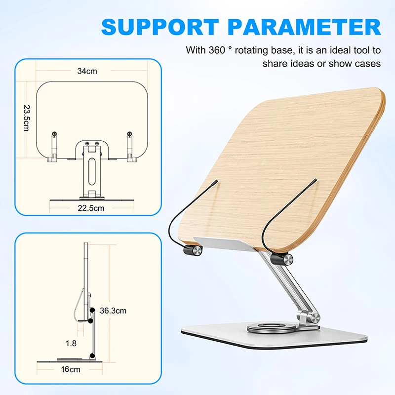 Support de livre de bureau pliable pour la lecture, base rotative à 360 ° et clips de page