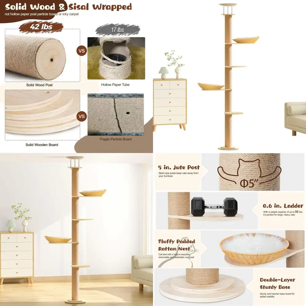 

Многоуровневая (5-уровневая) лазалка для кошек из массива дерева, регулируемая высота 75-91 см, современная кошачья стойка для лазания с толстыми деревянными и сизалевыми стойками, уютная лежанка для крупных кошек