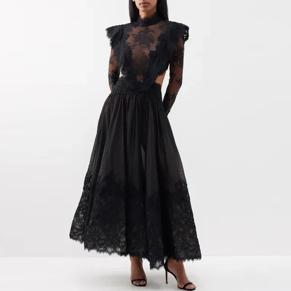 Delicate Lace High Collar Evening Dresses Sexy Open Back Customized Prom Dresses Luxury Long Sleeves Special Occasion Gowns