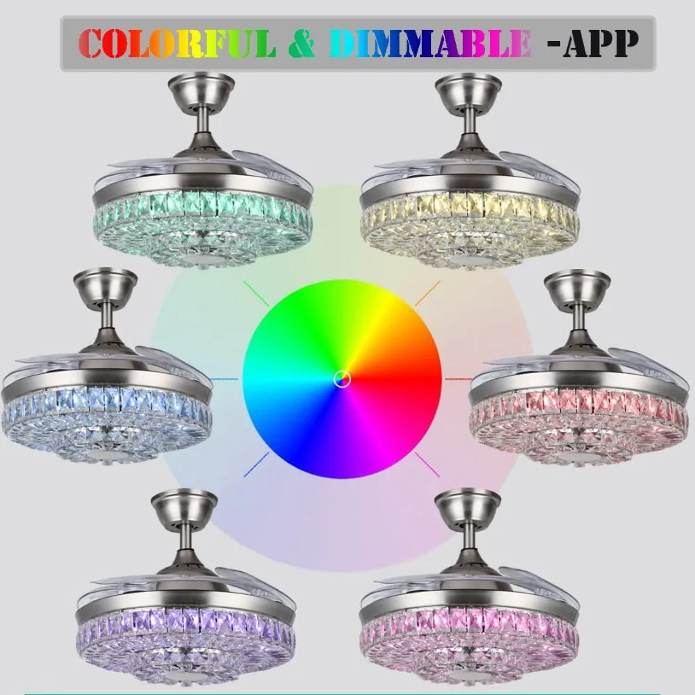 Modern Ceiling Fan with Light Remote Control, 42” Crystal Chandelier Fan with Retractable Blades, Smart Bluetooth Fandelier