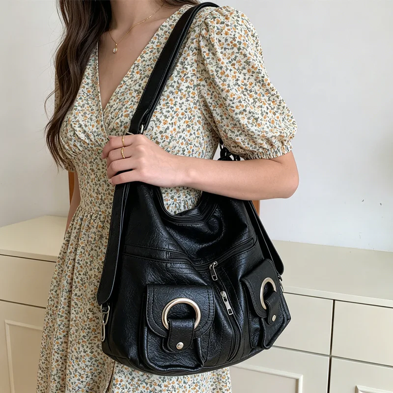 Soft Faux Leather Multi Pocket Hobo Shoulder Bag, Adjustable Backpack, Large Capacity Casual Purse for Women Daily Commute