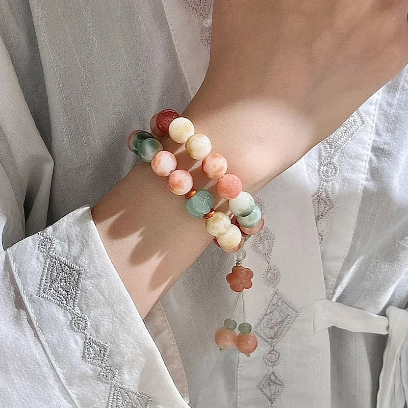 Natural Bodhi Bracelet Flower Leather Double Circle Handheld Ins Girl Plate Play Jewelry Wen Play Buddha Bead Rosary Hand String