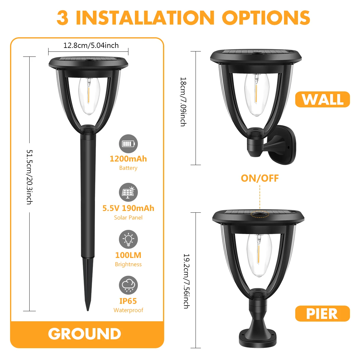 ไฟพลังงานแสงอาทิตย์ โคมไฟพลังงานแสงอาทิตย์กลางแจ้ง หลอดไฟพลังงานแสงอาทิตย์สำหรับตกแต่งสวนสนามหญ้า ผนัง พร้อมโหมดความสว่าง 2 ระดับ กันน้ำระดับ IP65 สำหรับติดตั้งบนพื้น