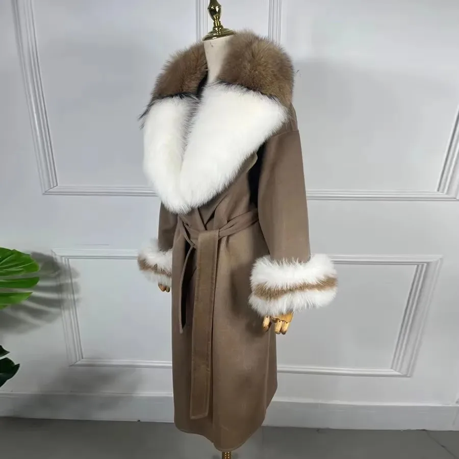 Women Cashmere Wool Coat Real Fox Fur Collar Cuffs Warm Winter Fur Coat High Quality Natural Fur Best Seller