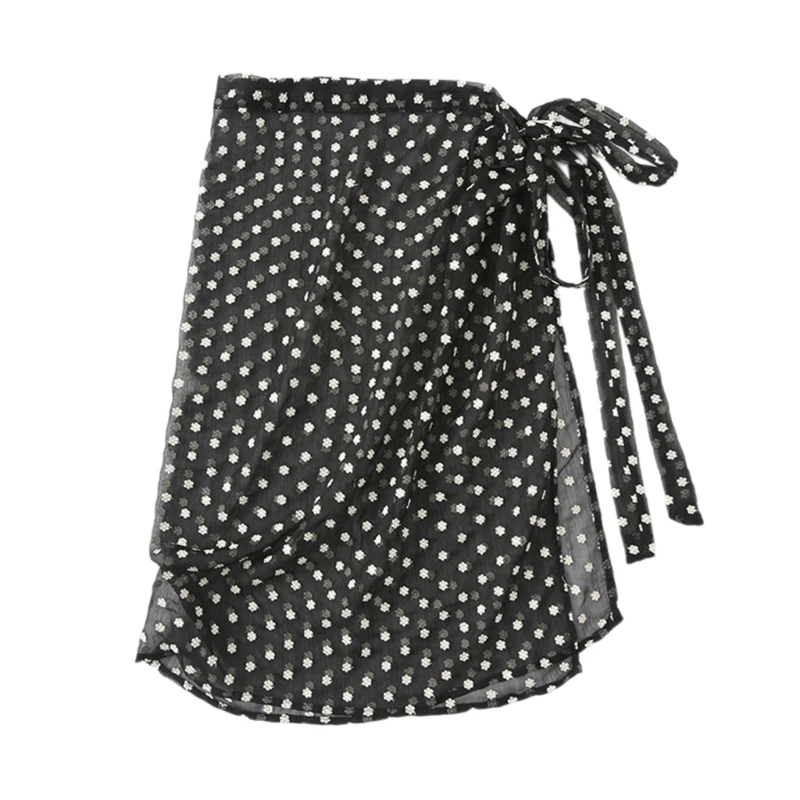 

Vintage Flower Dots Sheer Half Skirt Hip Scarf Women Aesthetic See Through Apron Skirt Lace Up Bows Covering Overskirt
