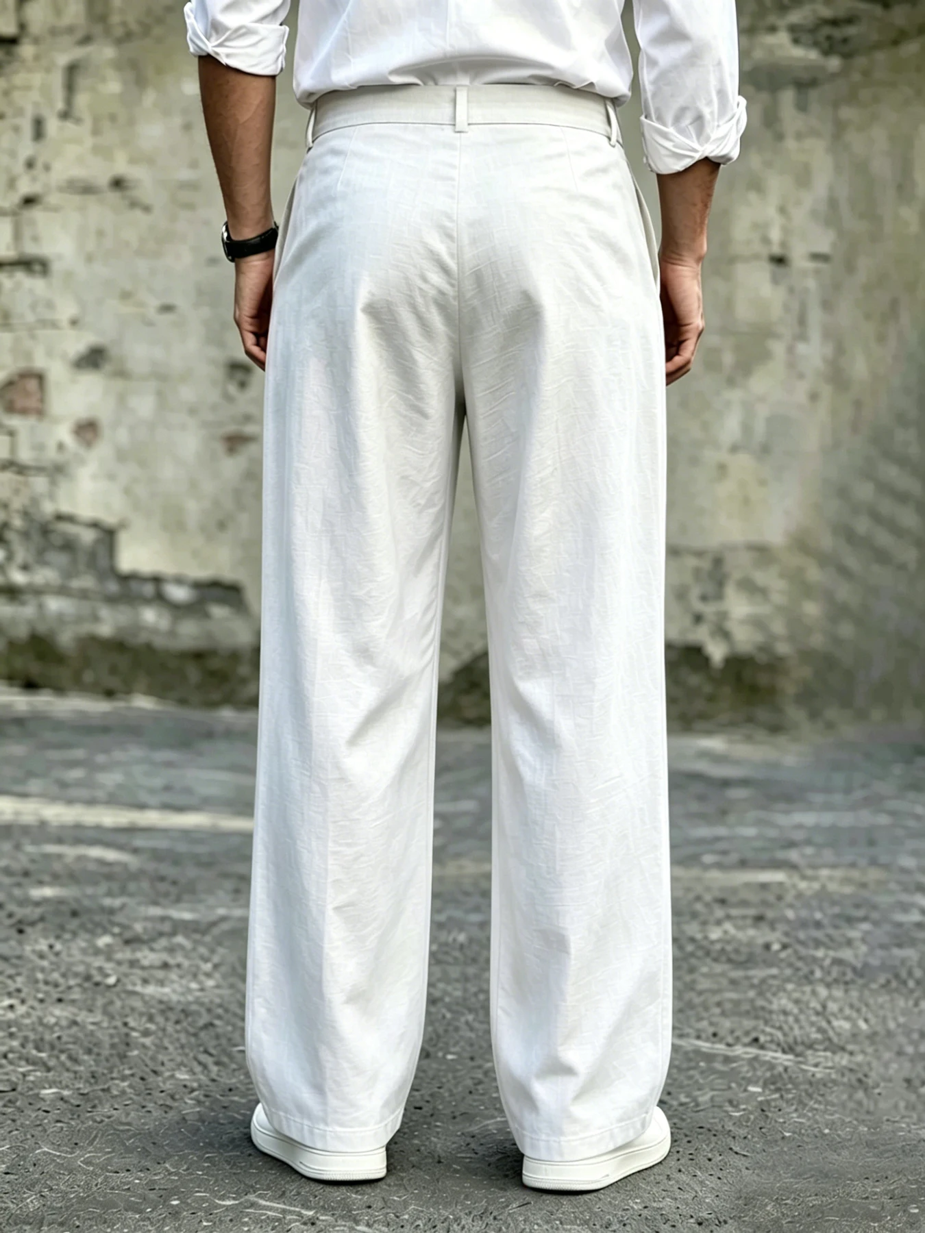 Herrenhose mit hoher Taille, doppelt plissiert, weites Bein, drapierend, knitterfrei, atmungsaktiv, aus strukturiertem Stoff, für Büro und Arbeit. – Detail 2