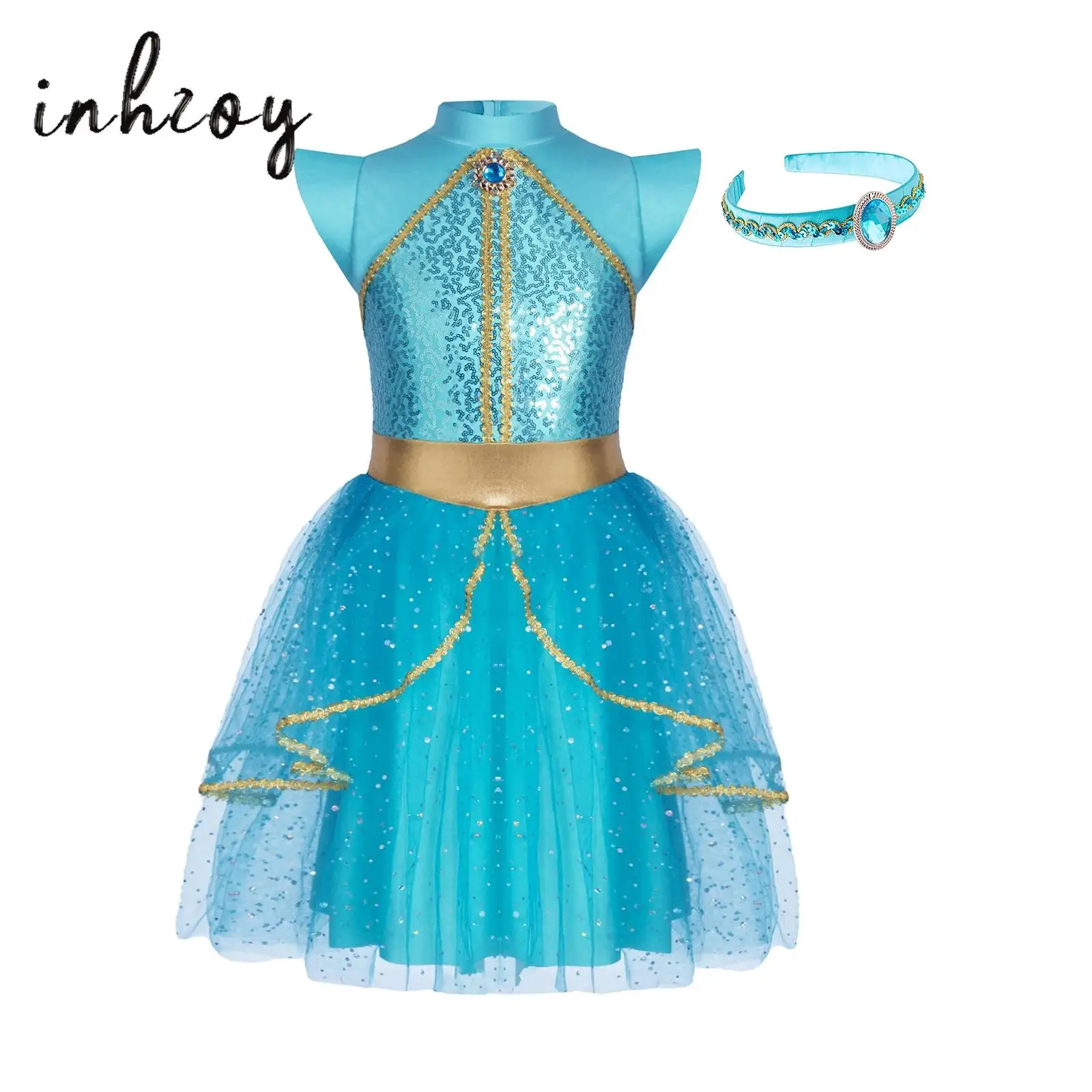 

Girl‘s Halloween Arabian Princess Costume Fancy Dress up 2Pcs Rhinestone Golden Woven Tape Sequins Mesh Overlay Tulle Tutu Dress