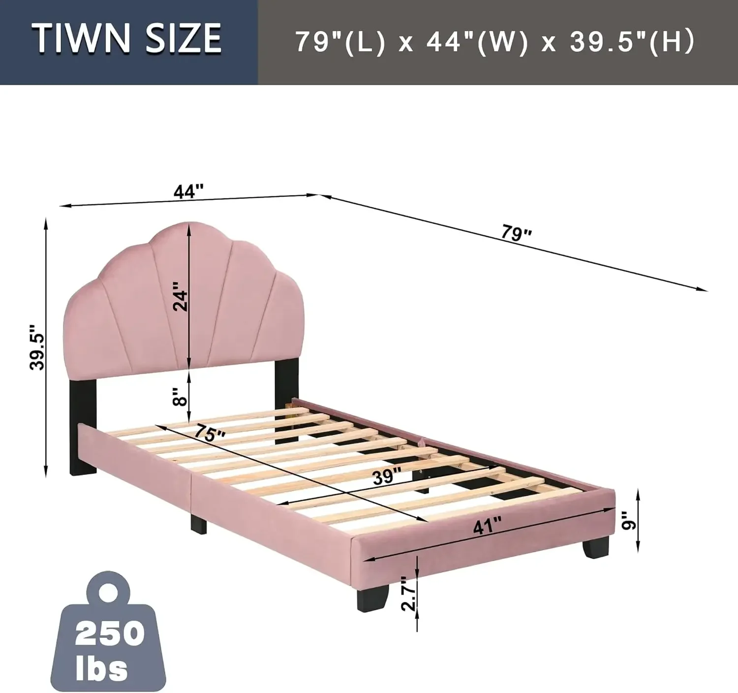 Upholstered Platform for Kids, Twin Platform with Shell Headboard, Wood Platform Frame with Slatted Base, Kids