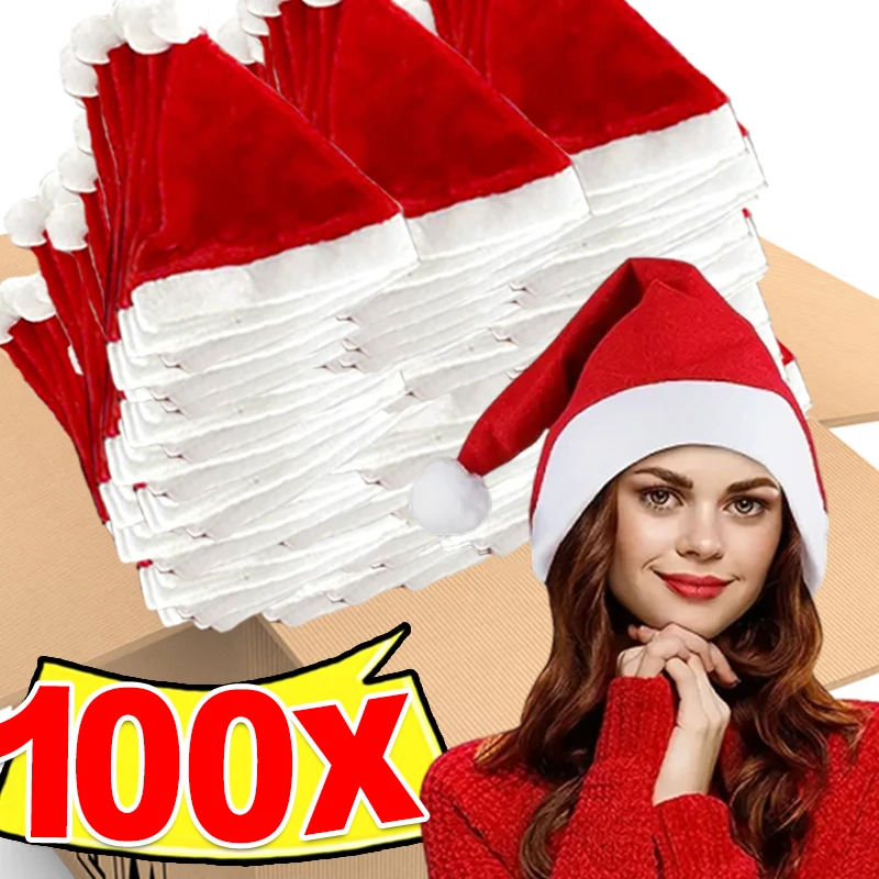 1-100pcs Christmas Hats Adults Kids Non-woven Red Santa Claus Hat Xmas Caps for New Year Party Home Decoration Festival Gifts