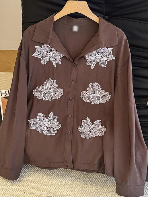 Ele Comfortable Women's irt 2025 Autumn New Sle Pasted Flower Slimming Versatile Cotton  Collar Long Sve Casua...