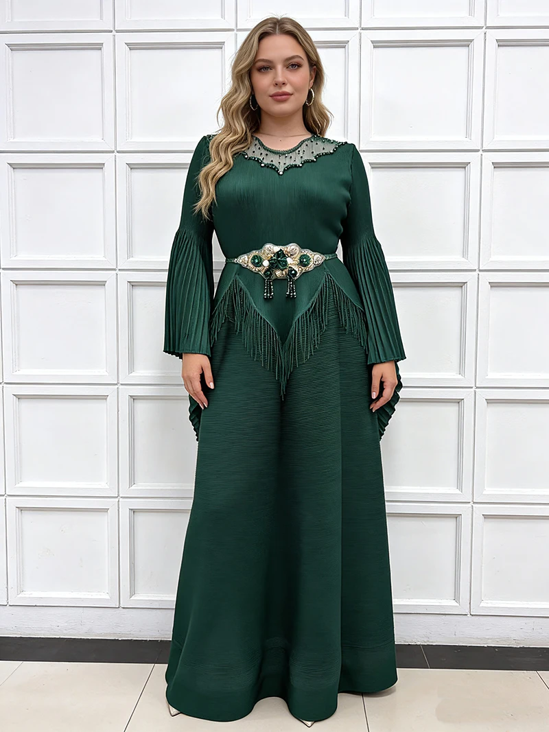 

Miyake Pleated Large Size Dress Beading Tassel Flare Sleeve Loose Fat Party Evening Prom Formal Female Fashion Spring