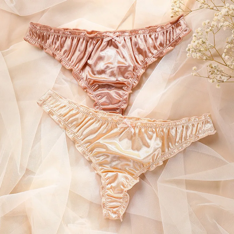 Ropa interior de satén de lujo con espalda en T para mujer, ropa interior Sexy de satén con entrepierna de algodón, Tanga transpirable, ropa interior íntima para niñas