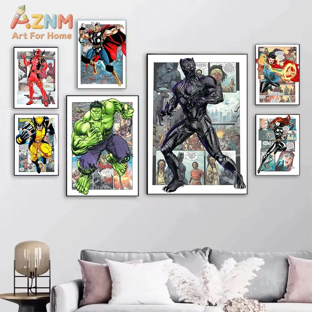 Classic Comic Book Style Marvel Superhero Canvas Wall Print, Avengers Character Comic Panel Art Poster, Unframed Canvas Painti