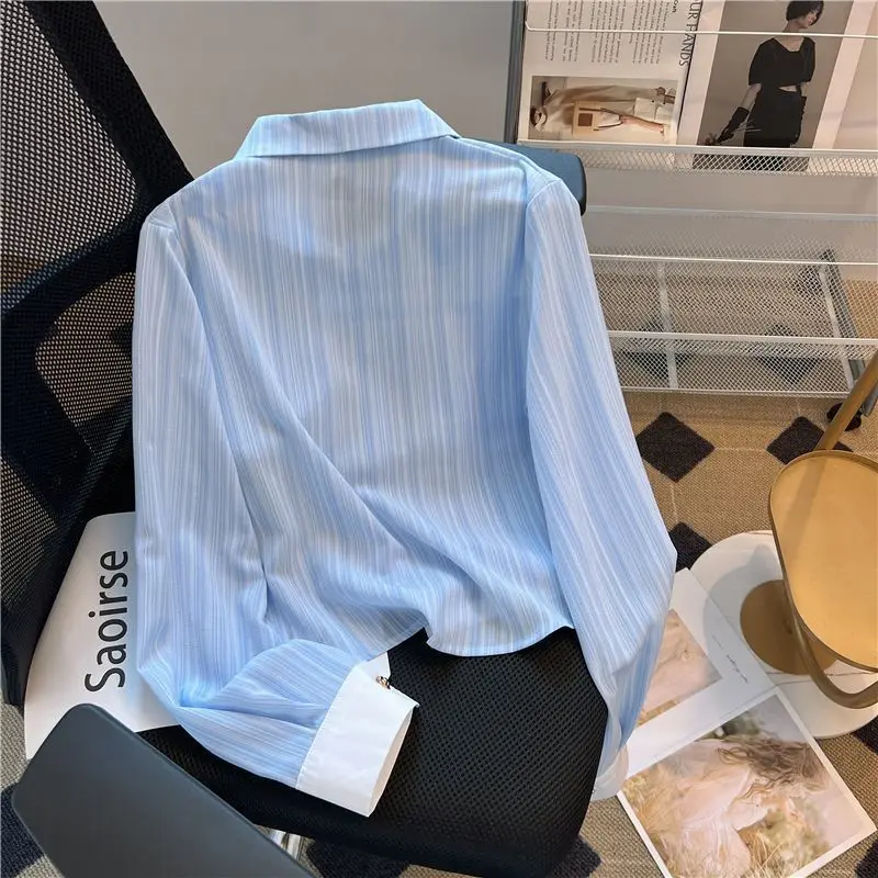 EBAIHUI Blue Stripe Women Shirt 2024 New French Ladies Blouse Thin Korean Small Fragrance Top Elegant Loose Long Sleeved Blusas