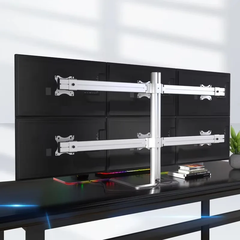 Silver Metal Two-tier Six-monitor Stand Adjustable 45/65 Tilt Sturdy for 17-27 Inch Monitors in Stock