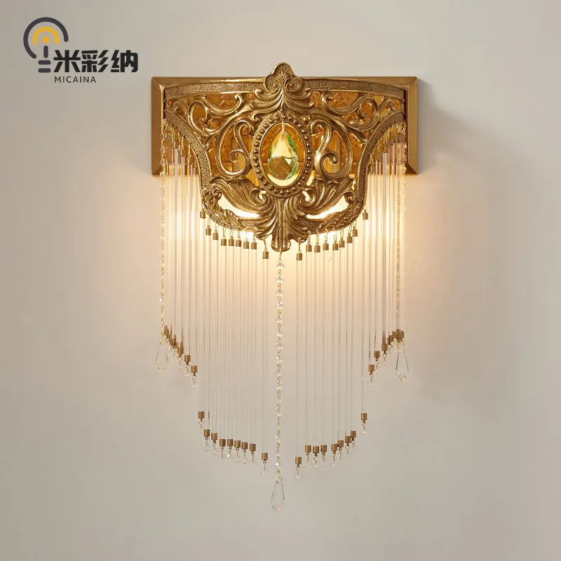 

French retro luxury all-copper crystal wall lamp European villa staircase corridor bedroom living room lamp lighting