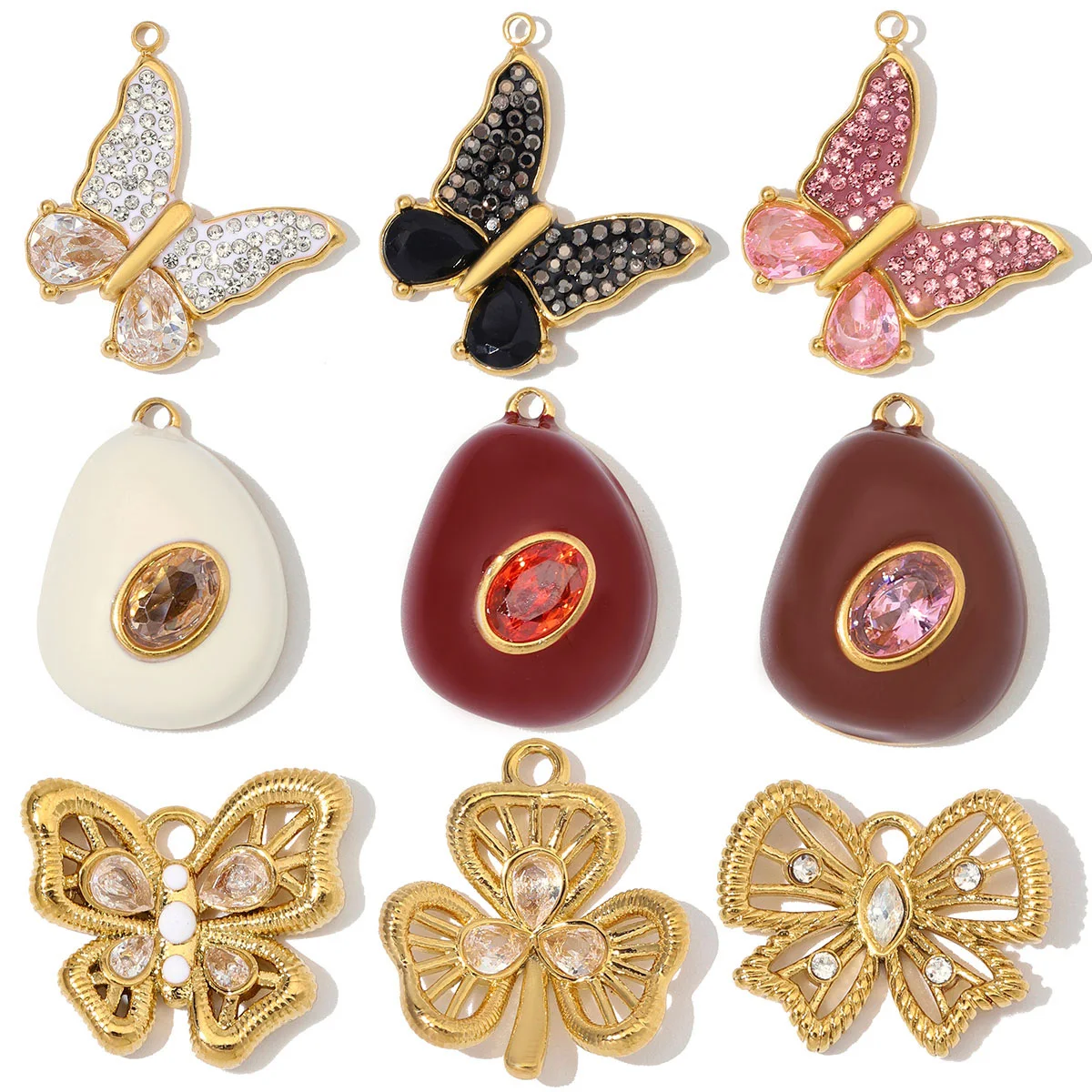 3 Stück/Set Edelstahl Zirkon Schmetterling Kleeblatt DIY Ohrring-Anhänger Ovale Halsketten-Anhänger Damen Strass-Schmuck Großhandel
