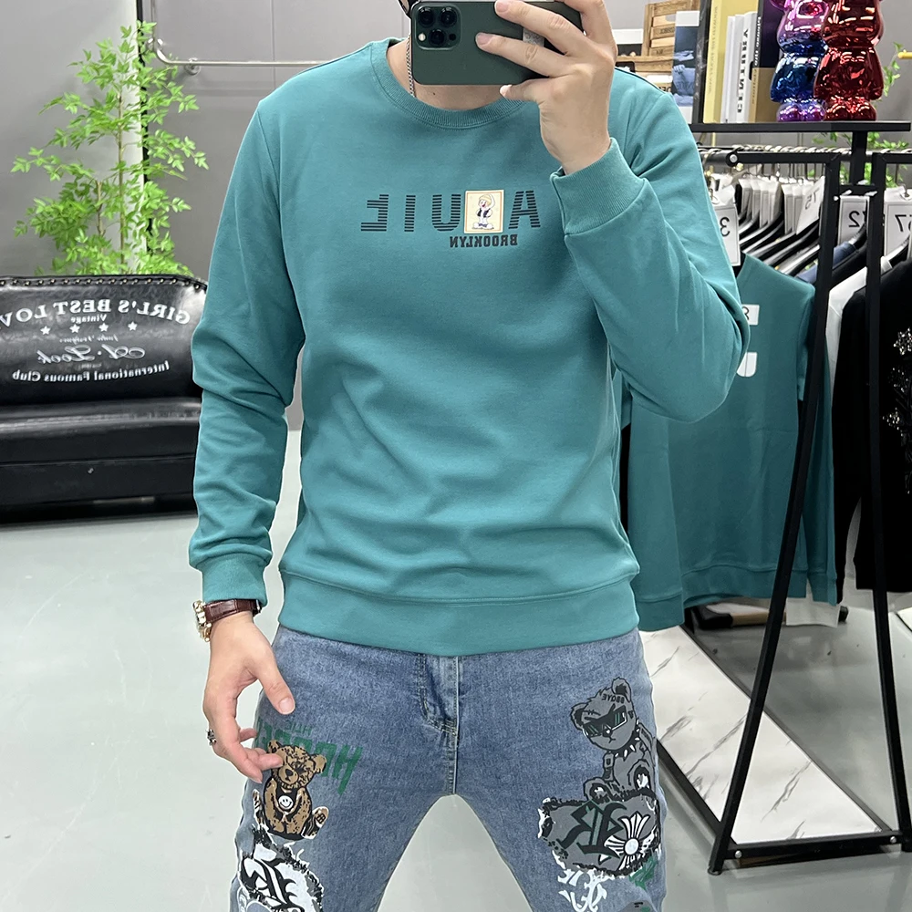 

Мужской пуловер, осень 2023, новый топ с длинными рукавами и круглым вырезом, роскошный мужской универсальный облегающий свитшот с принтом букв, мужская одежда