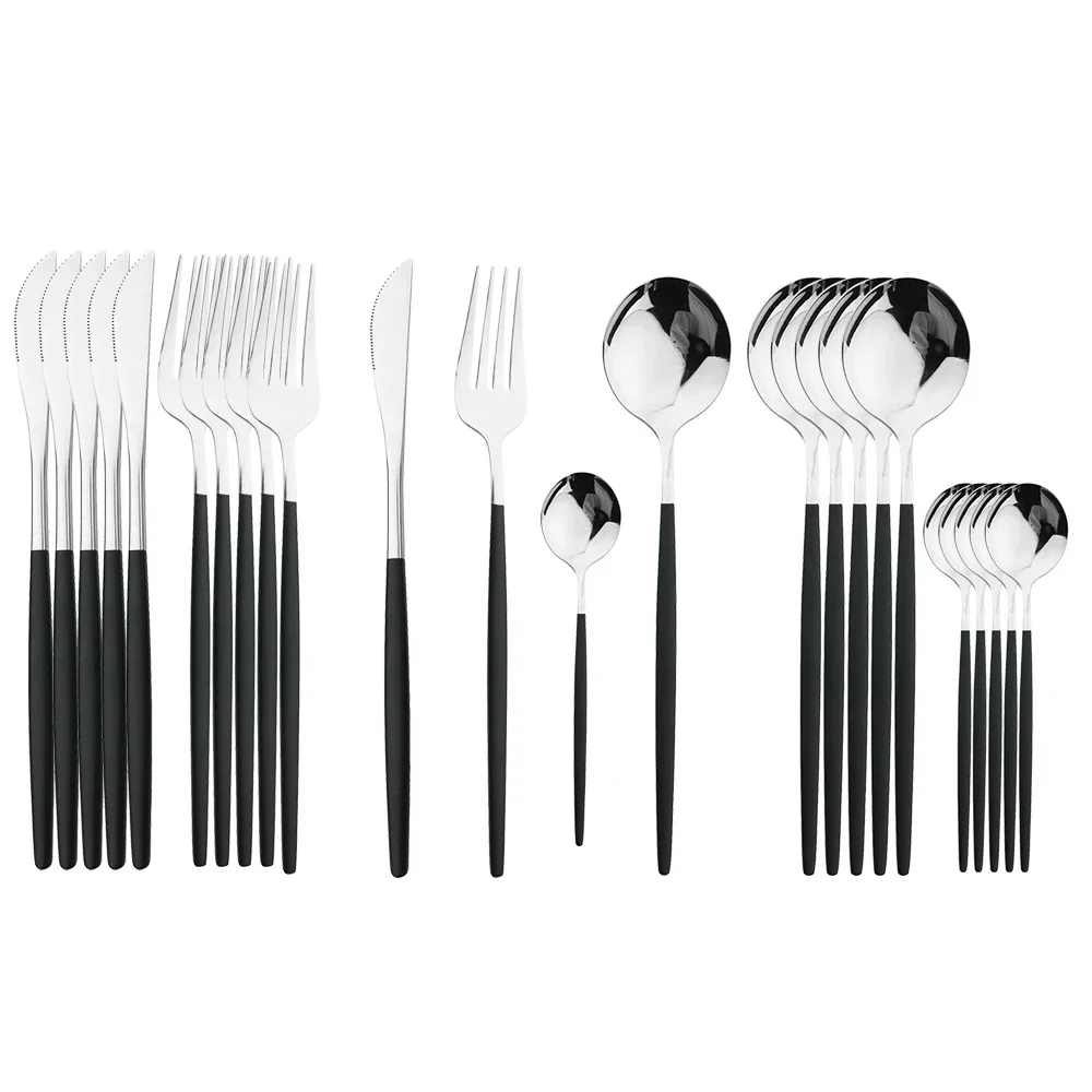 24Pcs Stainless Steel Dinnerware Set Kitchen Fork Spoon Knife Dinner Cutlery Set White Silver Western Flatware Tableware Set