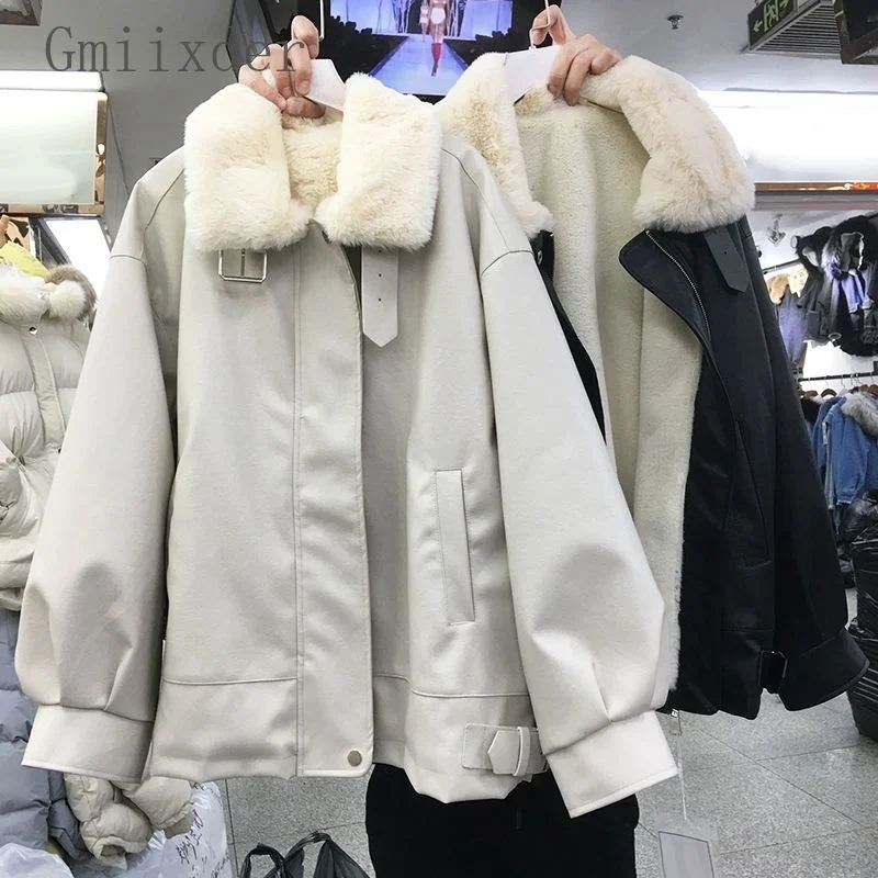 

Motorcycle Suit PU Leather Jacket Fur Integrated Short Coat Women's Winter New Korean Loose BF Lamb Wool Padded Parkas