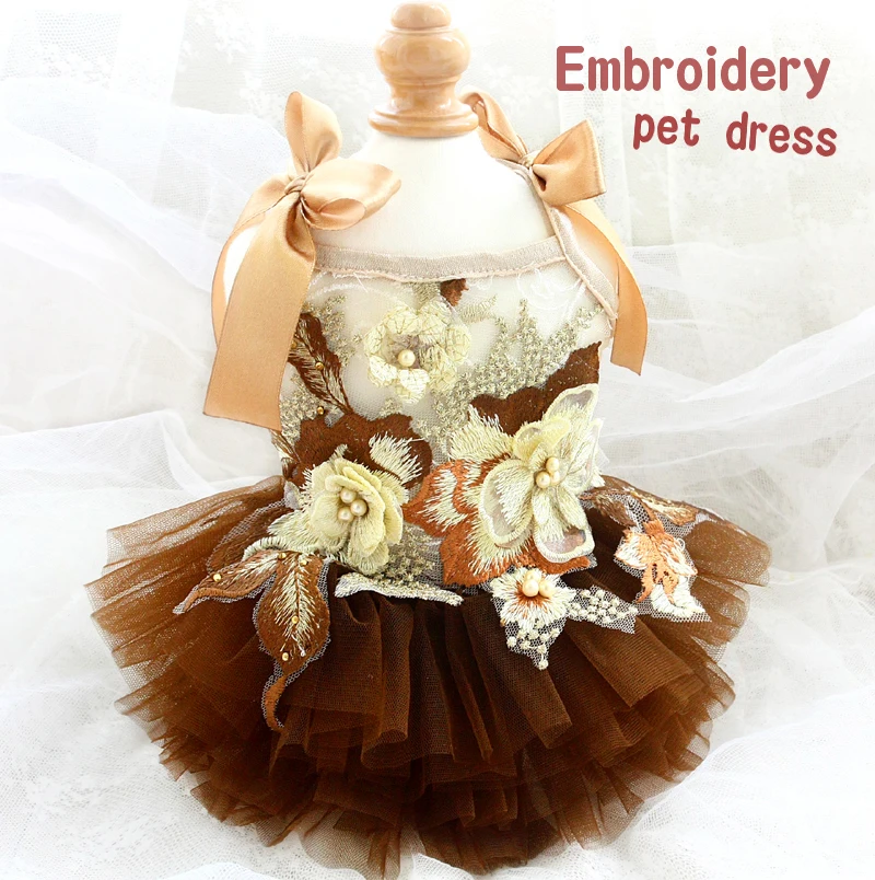 Luxury Handmade Dog Clothes Dress Slip Pet Supplies Embroidery Pearl Flowers Multi Layer Formal Attire Princess One Piece Poodle