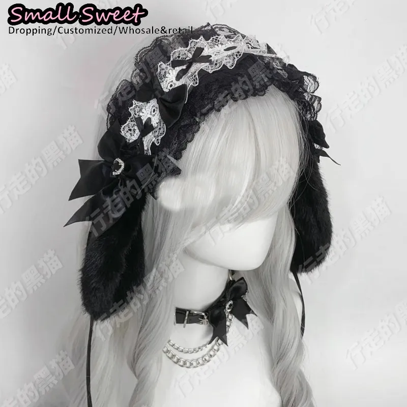 Goth Bunny Ear Bow Hair Bands Harajuku Gothic Lolita Y2K Girl Rabbit Ears Hair Band Punk Lace Ruffled Headband Hair Hoop